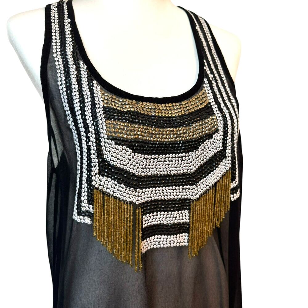 HAZEL Women's Large Tank Top Tunic Beaded Fringe Sequin Sheer Black Gold‎ Sexy